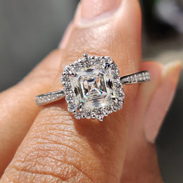 Asscher Cut Moissanite Ring In Tapered Pave Band