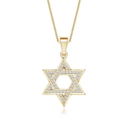 Pave-Set Lab-Grown Diamond Men's Star of David Pendant in yellow gold with sparkling diamonds.