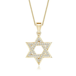 Pave-Set Lab-Grown Diamond Men's Star of David Pendant in yellow gold with sparkling diamonds.