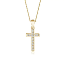 Pave-Set Lab-Grown Diamond Men's Cross Pendant on a gold chain, showcasing elegant design and sparkling diamonds.