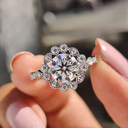 Round Cut Vintage Moissanite Ring In Halo Style
