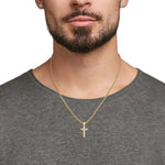 Pave-Set Lab-Grown Diamond Men's Cross Pendant worn by a man with a beard and gray shirt.