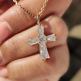 Gold Cross Pendant With Tapered Baguette Setting