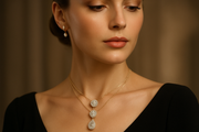 A close-up shot of a sophisticated lady showcasing intricate pendants that dangle gracefully from her neck. The image should capture the shimmering details of the pendants, highlighting their elegance against her poised expression. Soft lighting enhances the sparkle of the jewelry, creating a luxurious and refined atmosphere. The background is softly blurred to focus entirely on her and the pendants.