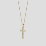 Pave-Set Lab-Grown Diamond Men's Cross Pendant suspended on a gold chain, showcasing a radiant design.